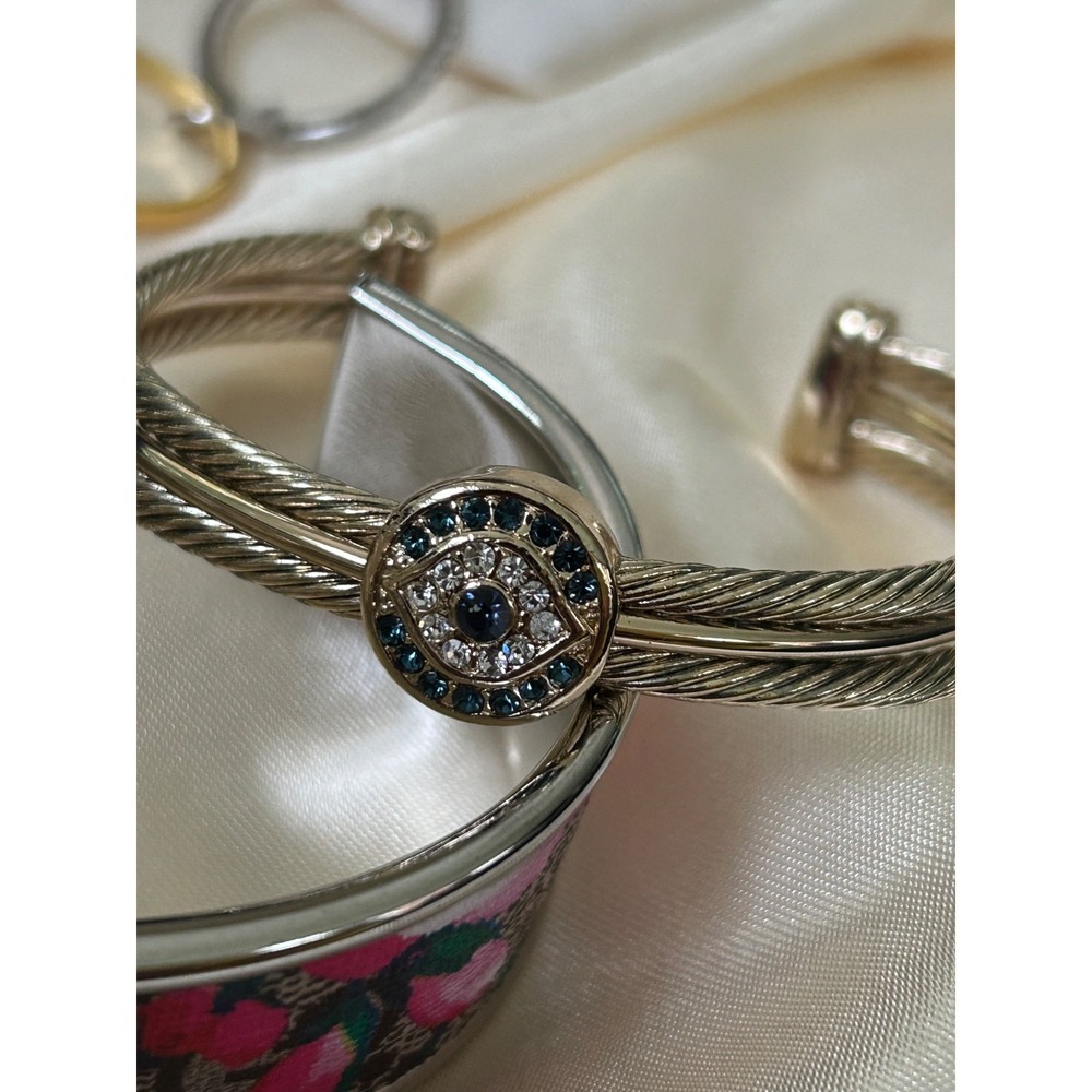 Juvell Two Tone 18K Gold Plated Blue Clear CZ Evil Eye Cable Cuff Bracelet